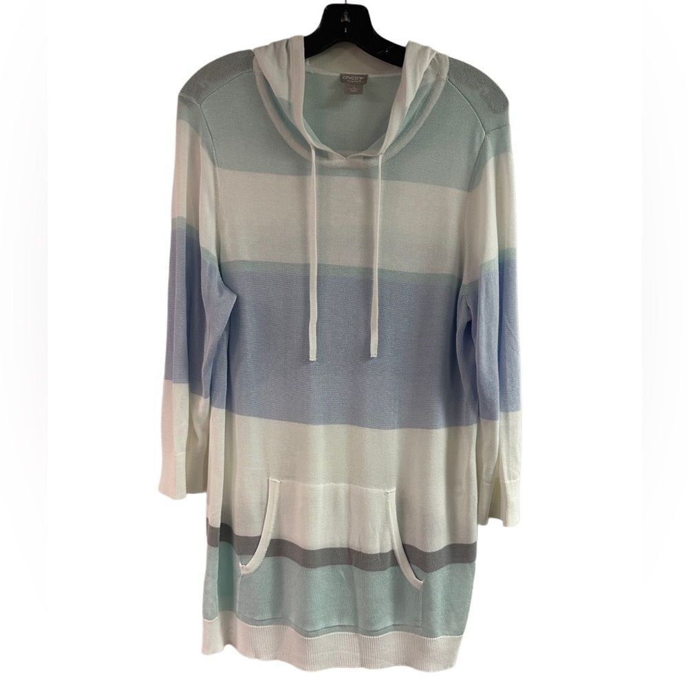 Chico’s Zenenergy Rayon White Blue Stripe Hooded Sweater Size 2 Large